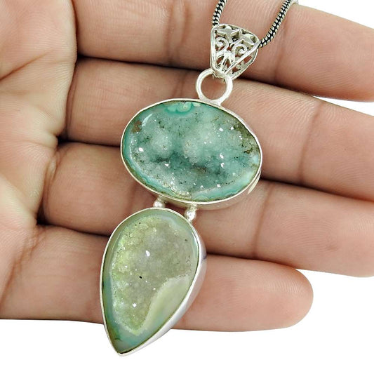 Natural Druzy Gemstone Pendant Bohemian 925 Sterling Silver Jewelry For Girls O5