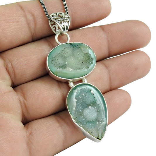 Natural Druzy Gemstone Jewelry 925 Sterling Silver Pendant Vintage For Women B9