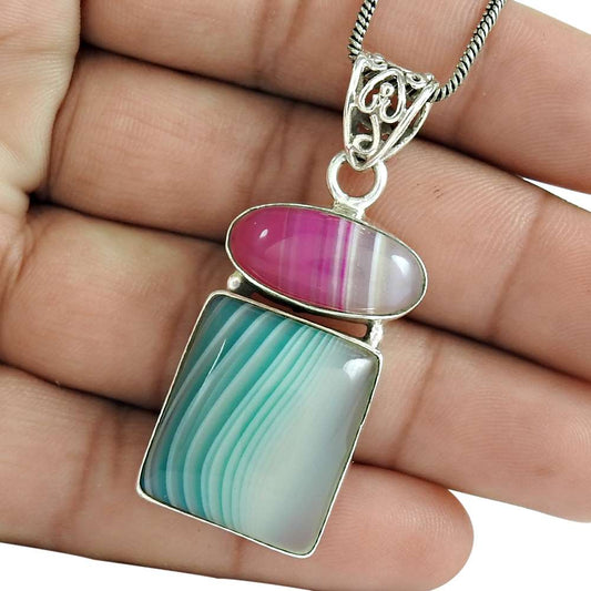 Halloween Gift 925 Sterling Silver Natural Striped Onyx Gemstone Pendant L11