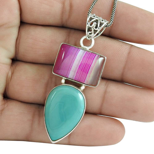 Natural Striped Onyx Gemstone Pendant 925 Sterling Silver Indian Jewelry M11