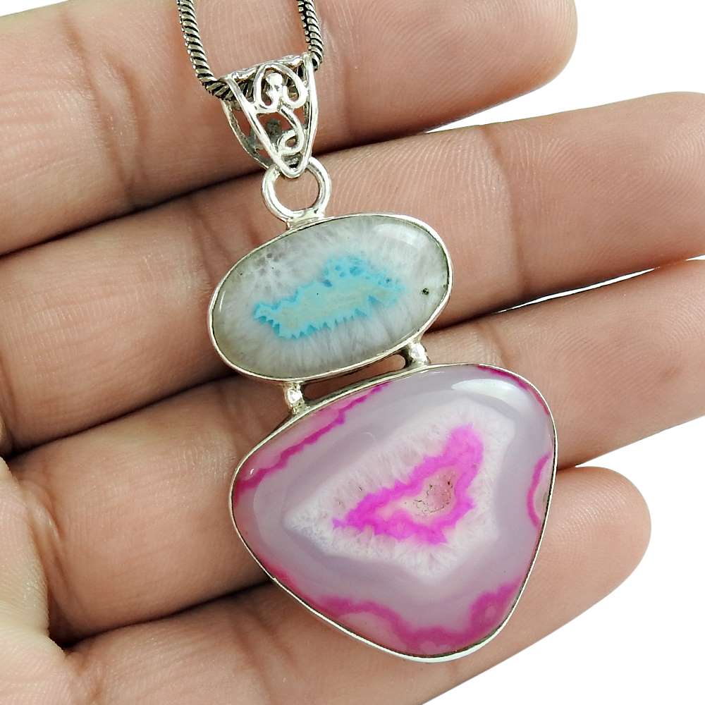 Natural Druzy Gemstone Pendant Boho 925 Sterling Silver Jewelry For Women W32