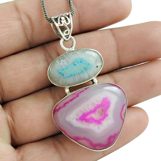 Natural Druzy Gemstone Pendant Boho 925 Sterling Silver Jewelry For Women W32