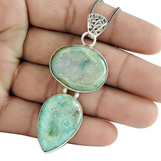 Natural Druzy Gemstone Pendant Bohemian 925 Sterling Silver For Women W25