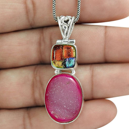 Natural Druzy Gemstone Pendant Tribal Pink 925 Sterling Silver Jewelry A11