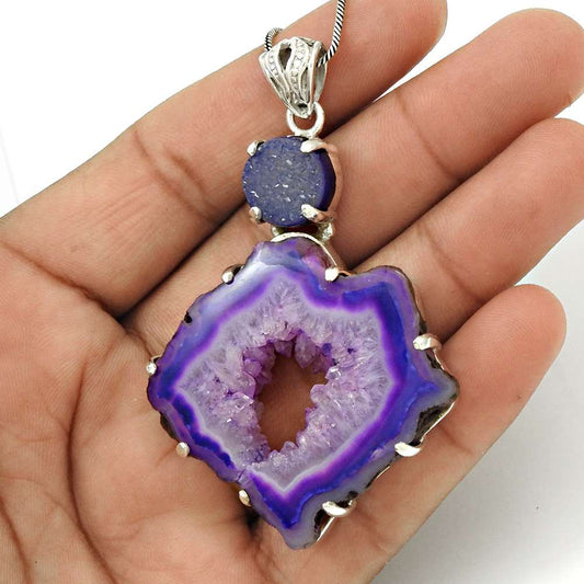 Natural Druzy Gemstone Pendant Stylish Blue 925 Sterling Silver Jewelry J13