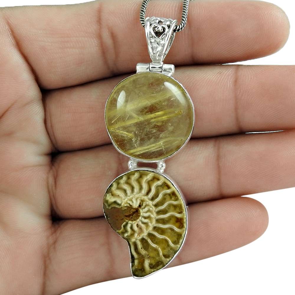 Natural Ammonite Gemstone Jewelry 925 Sterling Silver Pendant P11