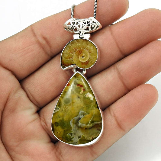 Gift For Her 925 Sterling Silver Natural Ammonite Gemstone Pendant Vintage K13