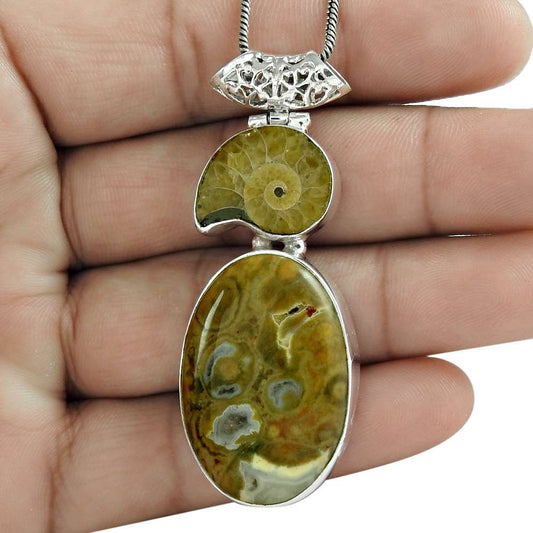 Halloween Gift 925 Sterling Silver Natural Ammonite Gemstone Pendant Q3