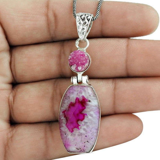 Natural Druzy Gemstone Pendant 925 Sterling Silver Indian Jewelry For Women R11