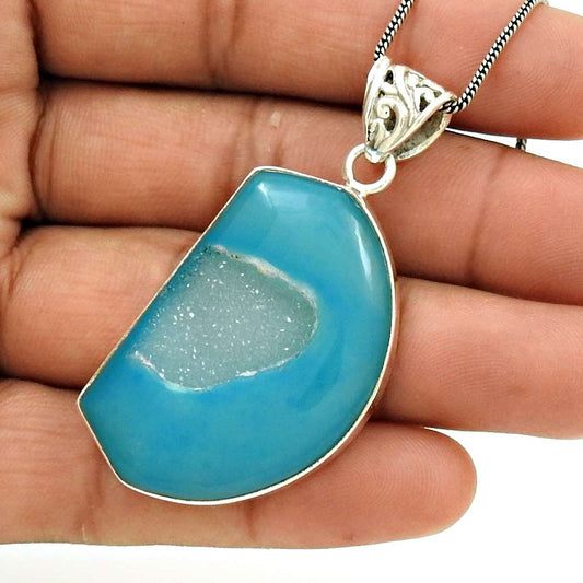 Anniversary Gift For Her Natural Druzy Gemstone Pendant Tribal 925 Silver O13