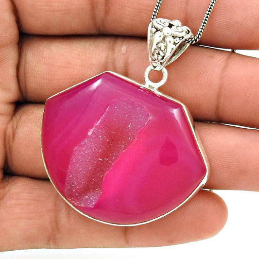 Natural Druzy Gemstone Pendant Bohemian 925 Sterling Silver Jewelry For Girls Q1