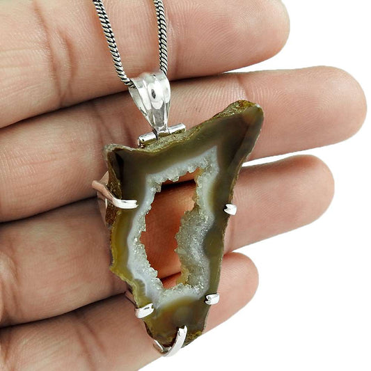 Halloween Gift Natural Druzy Gemstone Pendant Boho 925 Sterling Silver B11
