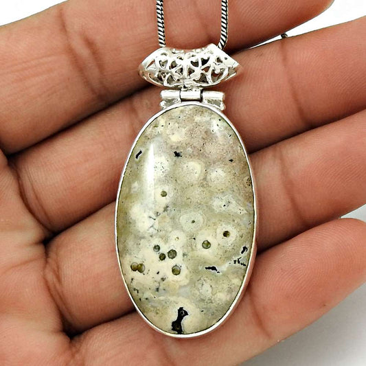 Wedding Gift For Her 925 Silver Natural Ocean Jasper Gemstone Pendant Ethnic R13