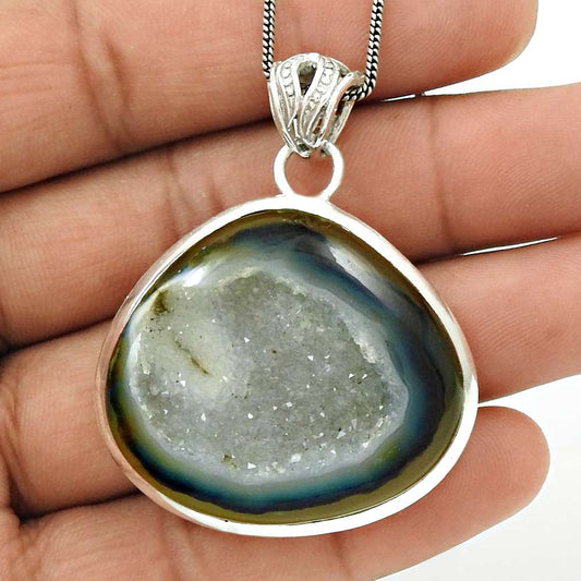Gift For Her 925 Sterling Silver Natural Druzy Gemstone Pendant Vintage Y13