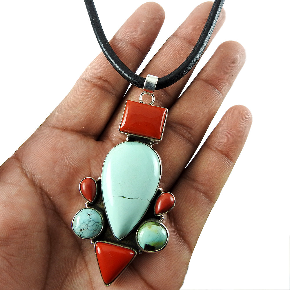 Natural Turquoise Gemstone 925 Sterling Silver Pendant Tribal For Girls N3