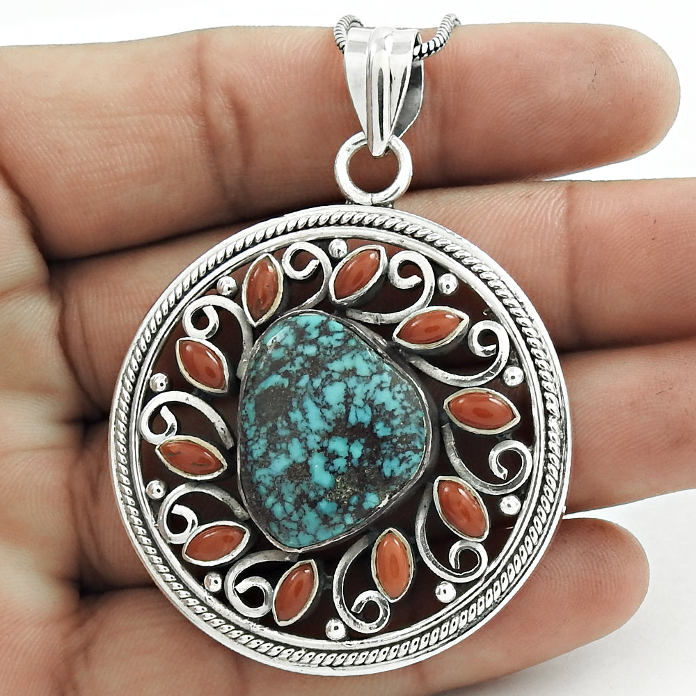 Woman Gift Turquoise Coral Stone Boho Pendant 925 Sterling Silver Turkish I8