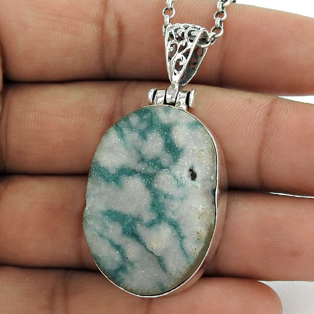 Birthday Gift For Her Natural Druzy Gemstone Pendant Vintage 925 Silver B97