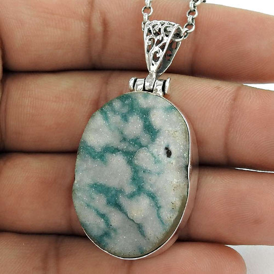 Birthday Gift For Her Natural Druzy Gemstone Pendant Vintage 925 Silver B97