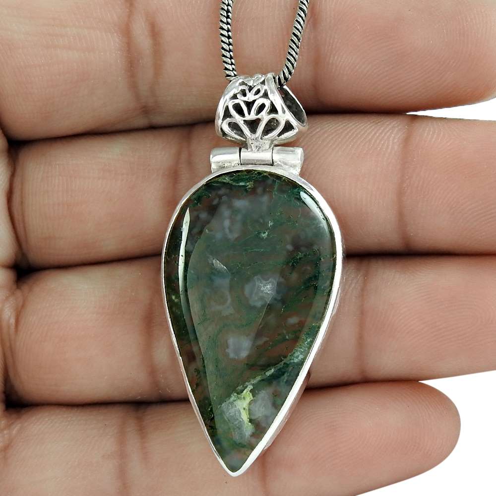 Natural Moss Agate Gemstone Pendant 925 Sterling Silver Indian Jewelry T11
