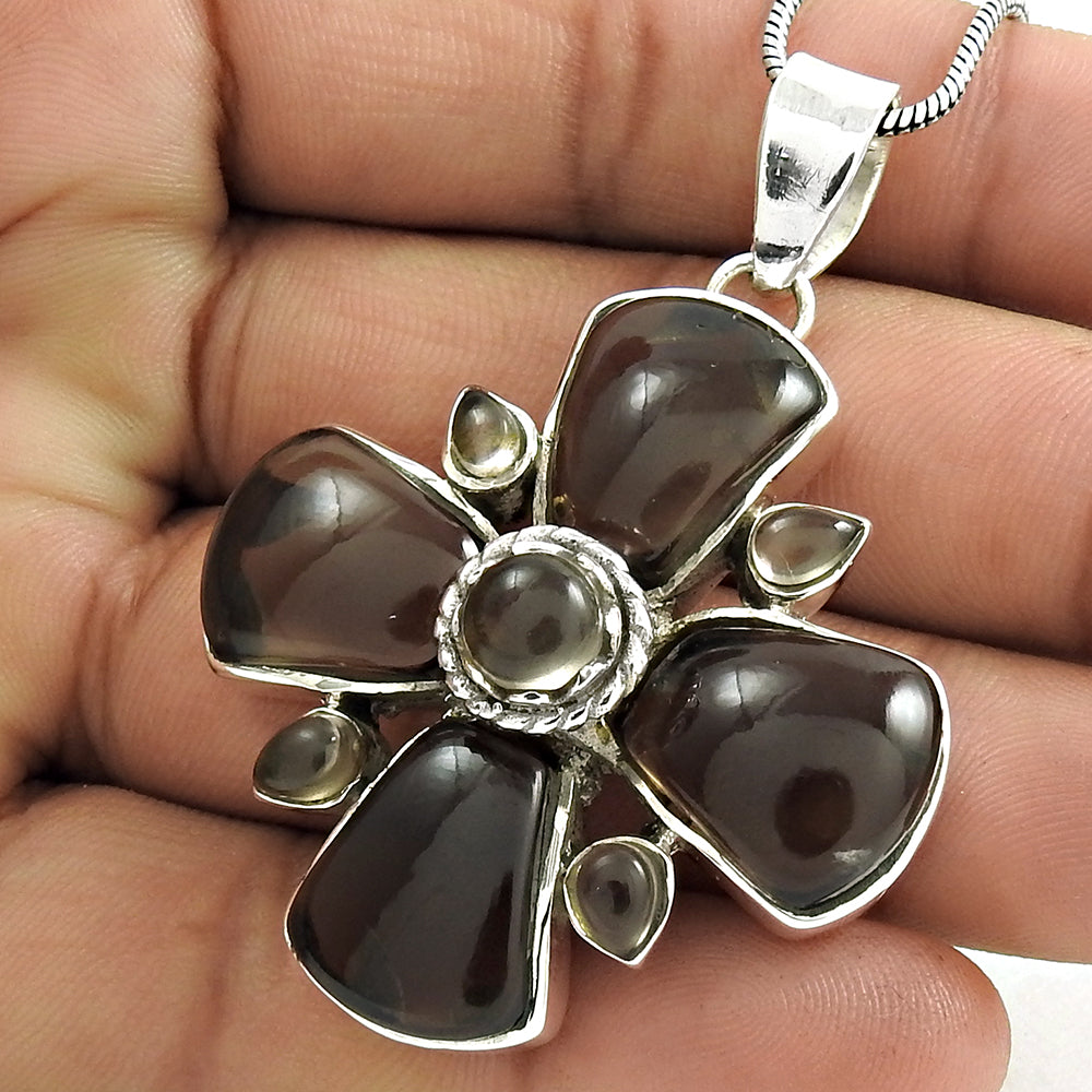 Natural Smoky Quartz Gemstone Pendant Ethnic 925 Sterling Silver Jewelry O3