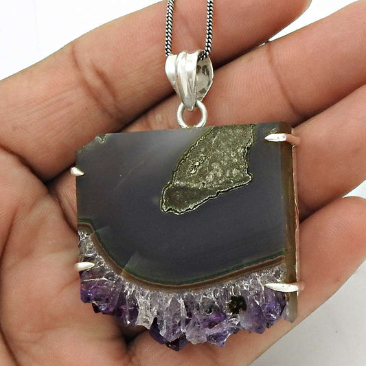 Birthday Gift For Her Natural Druzy Gemstone Pendant Tribal 925 Silver N14