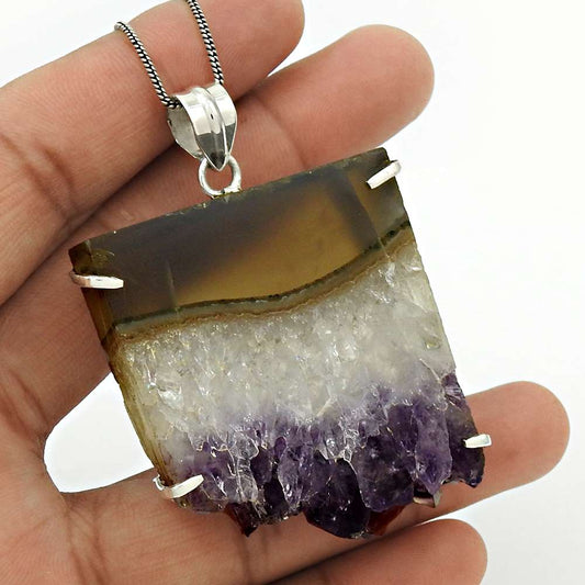 Natural Druzy Gemstone Jewelry 925 Sterling Silver Pendant Boho For Girls Y70