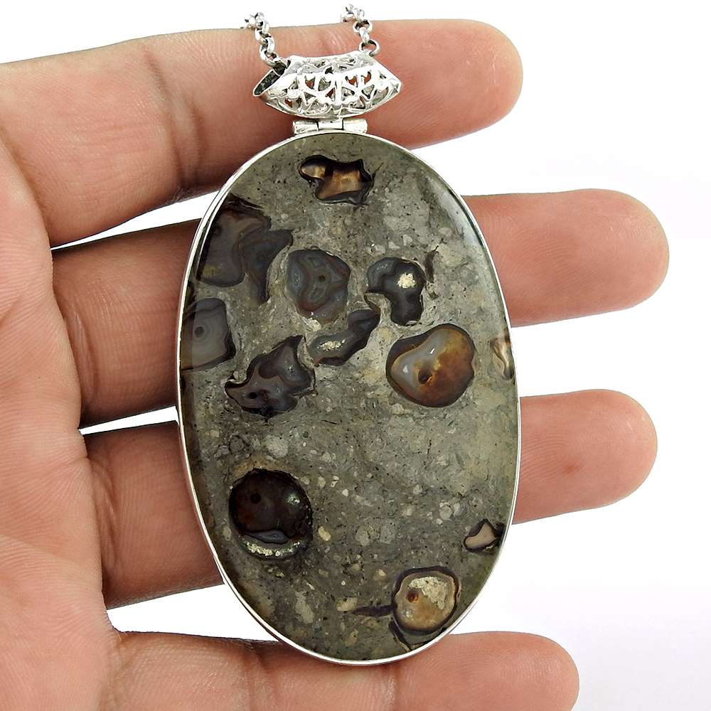 Natural Agate Gemstone Pendant 925 Sterling Silver Indian Jewelry J15