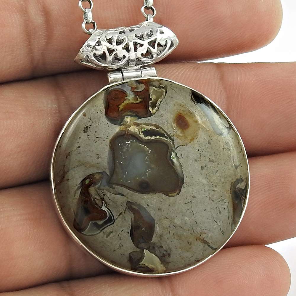 Natural Agate Gemstone Pendant 925 Sterling Silver Indian Jewelry K15