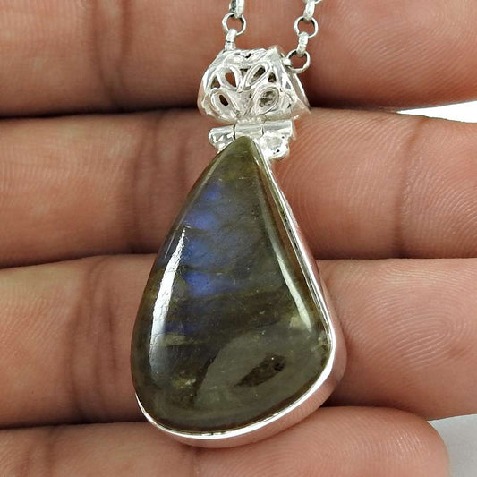 Natural Labradorite Gemstone 925 Sterling Silver Pendant Boho For Girls W9