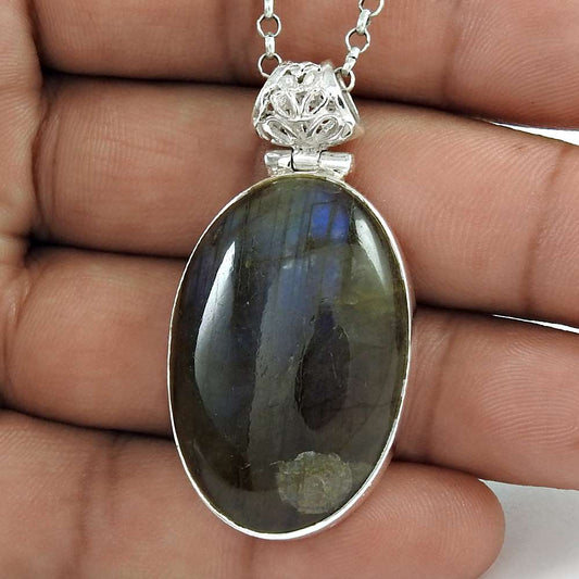 Natural Labradorite Gemstone Pendant Vintage 925 Sterling Silver Jewelry A4