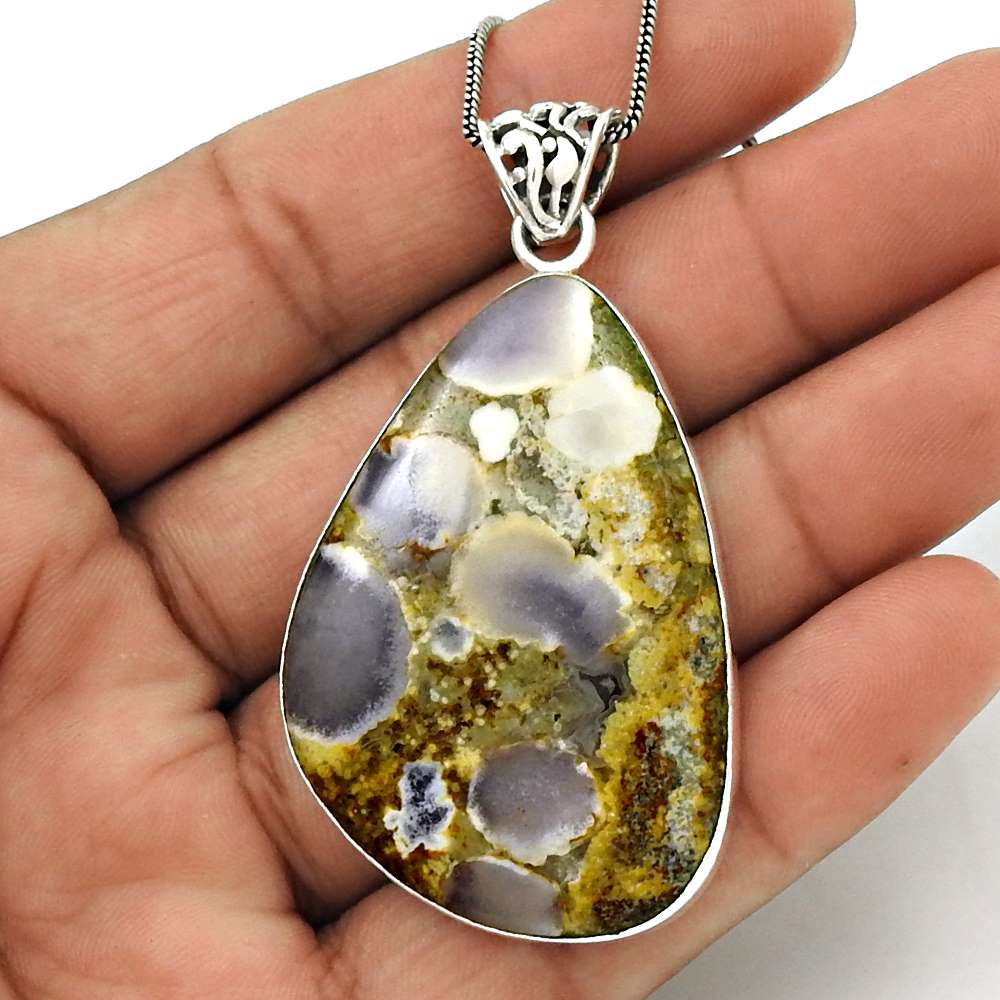 Natural Petrified Wood Gemstone Pendant Ethnic Multicolor 925 Silver G14