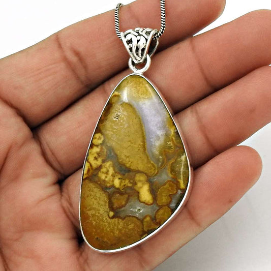 Birthday Gift For Her Natural Petrified Wood Pendant Bohemian 925 Silver J14