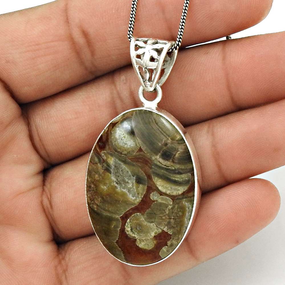 Gift For Her 925 Silver Natural Mushroom Rhyolite Gemstone Pendant Vintage M14