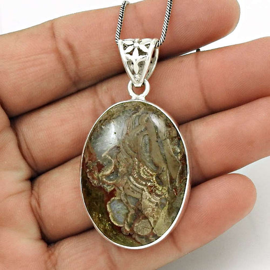 Birthday Gift For Her Natural Mushroom Rhyolite Pendant Bohemian 925 Silver V14