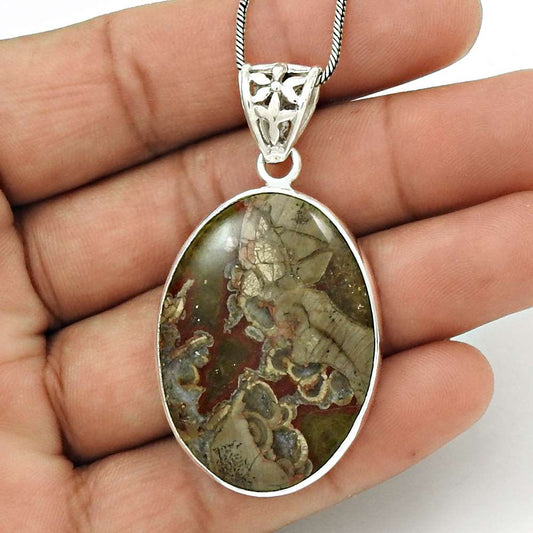 Natural Mushroom Rhyolite Gemstone Pendant Stylish 925 Silver For Women W14