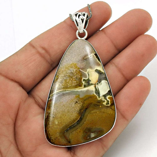 Gift For Women Pendant Bohemian 925 Silver Natural Petrified Wood Gemstone B15