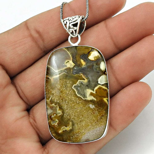 Gift For Her 925 Silver Natural Petrified Wood Gemstone Pendant Ethnic G15