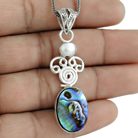 Natural Abalone Shell Gemstone 925 Sterling Silver Pendant Ethnic For Women J11