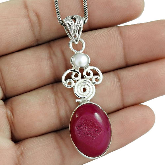 Natural Druzy Gemstone Pendant Pink 925 Sterling Silver Indian Jewelry U11