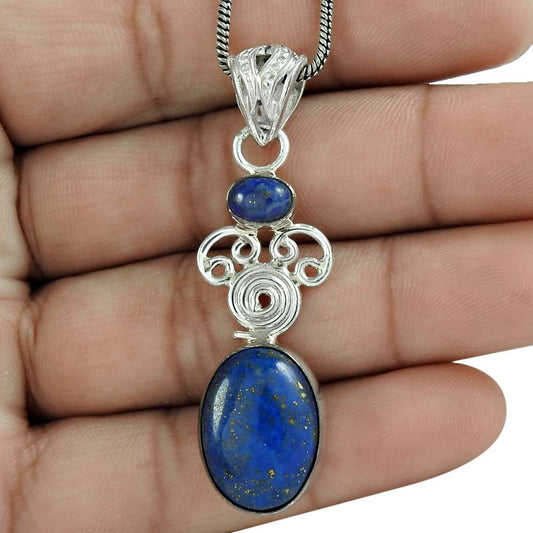 Natural Lapis Lazuli Gemstone Pendant Vintage 925 Sterling Silver Jewelry K11