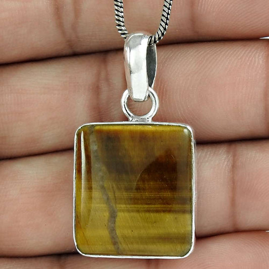 Natural Tiger'S Eye Gemstone Pendant Brown 925 Sterling Silver Jewelry B12