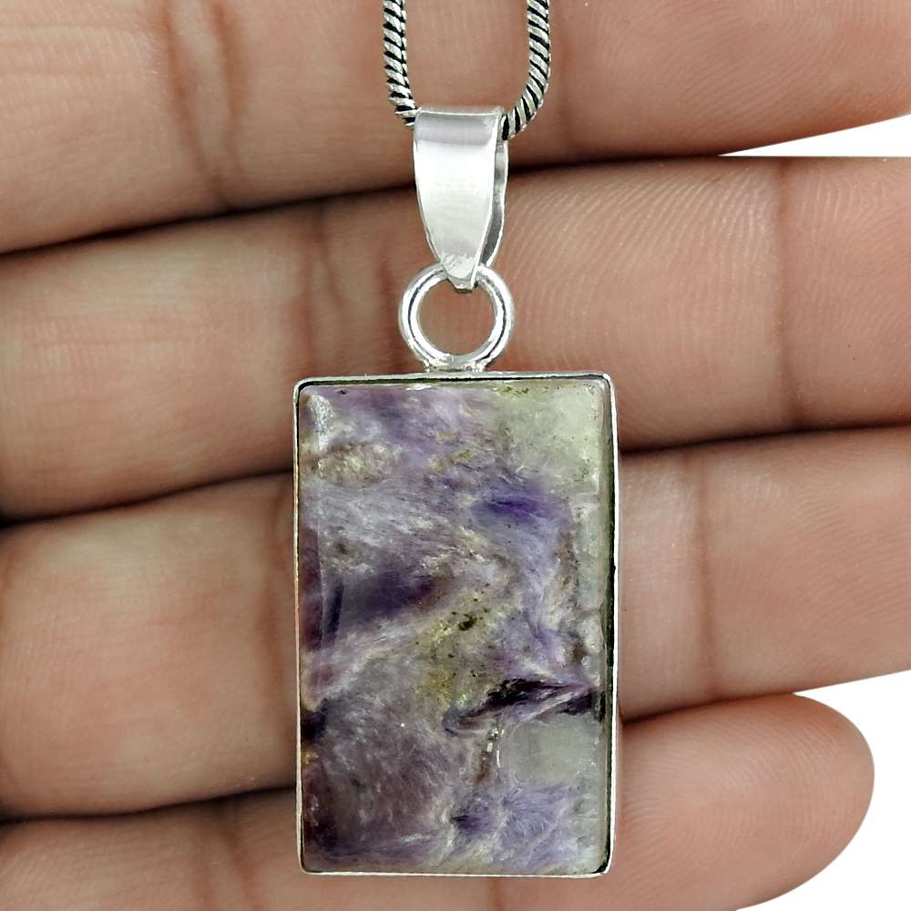 Natural Charoite Gemstone Pendant Ethnic 925 Sterling Silver For Girls C34