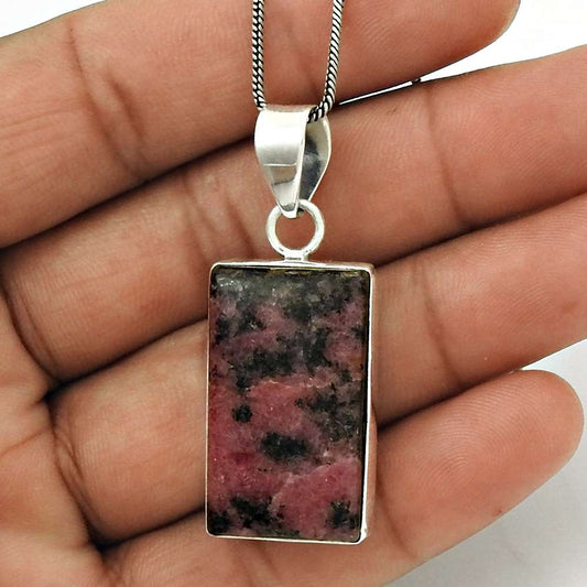 Natural Rhodonite Gemstone 925 Sterling Silver Pendant Tribal For Women I15