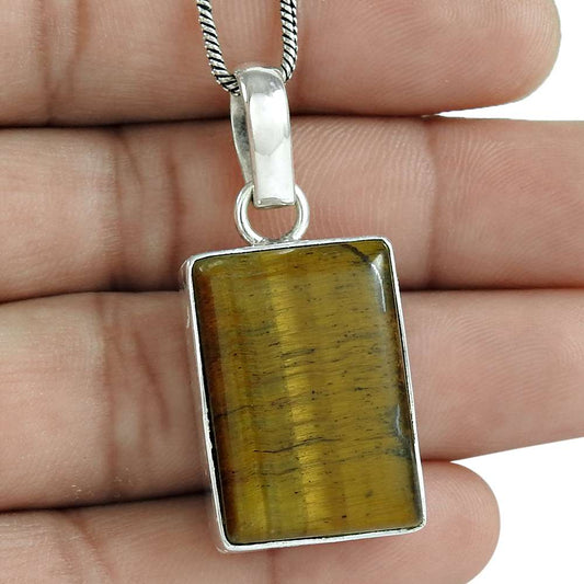 Natural Tiger'S Eye Gemstone Pendant Tribal Brown 925 Sterling Silver B10