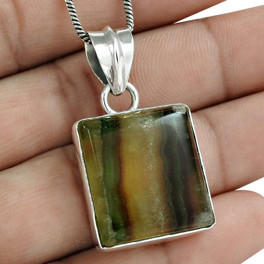 Wedding Gift For Her 925 Silver Natural Fluorite Gemstone Pendant Boho F9