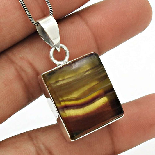 Natural Fluorite Gemstone 925 Sterling Silver Pendant Bohemian For Girls P15