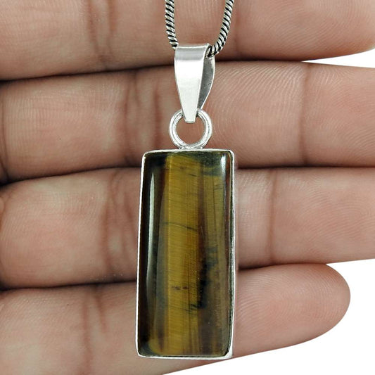 Halloween Gift Natural Tiger'S Eye Gemstone Pendant 925 Sterling Silver E12