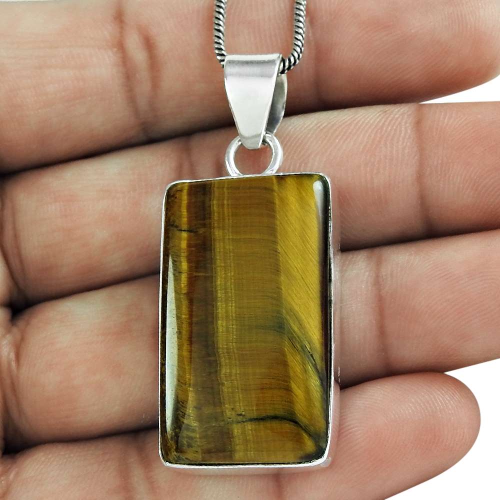 Natural Tiger'S Eye Gemstone Jewelry 925 Sterling Silver Pendant For Girls A16