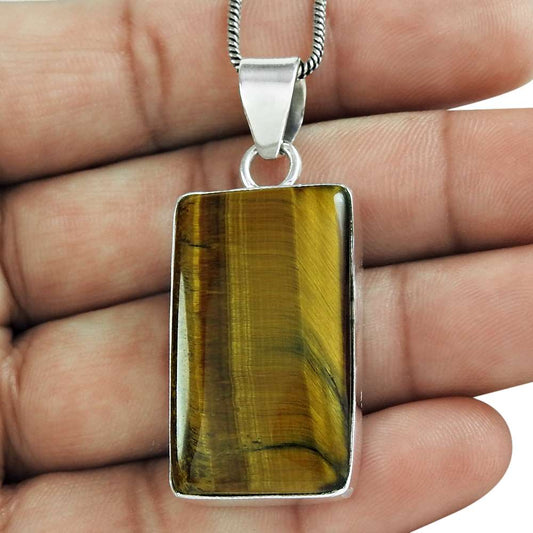 Natural Tiger'S Eye Gemstone Jewelry 925 Sterling Silver Pendant For Girls A16