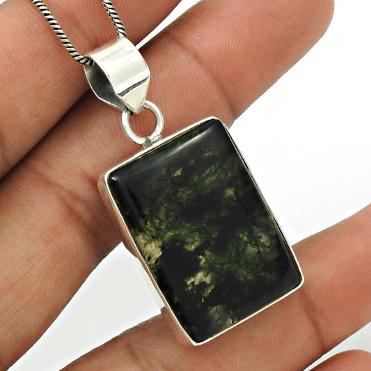 Natural Moss Agate Gemstone Pendant Tribal Green 925 Sterling Silver Jewelry L16